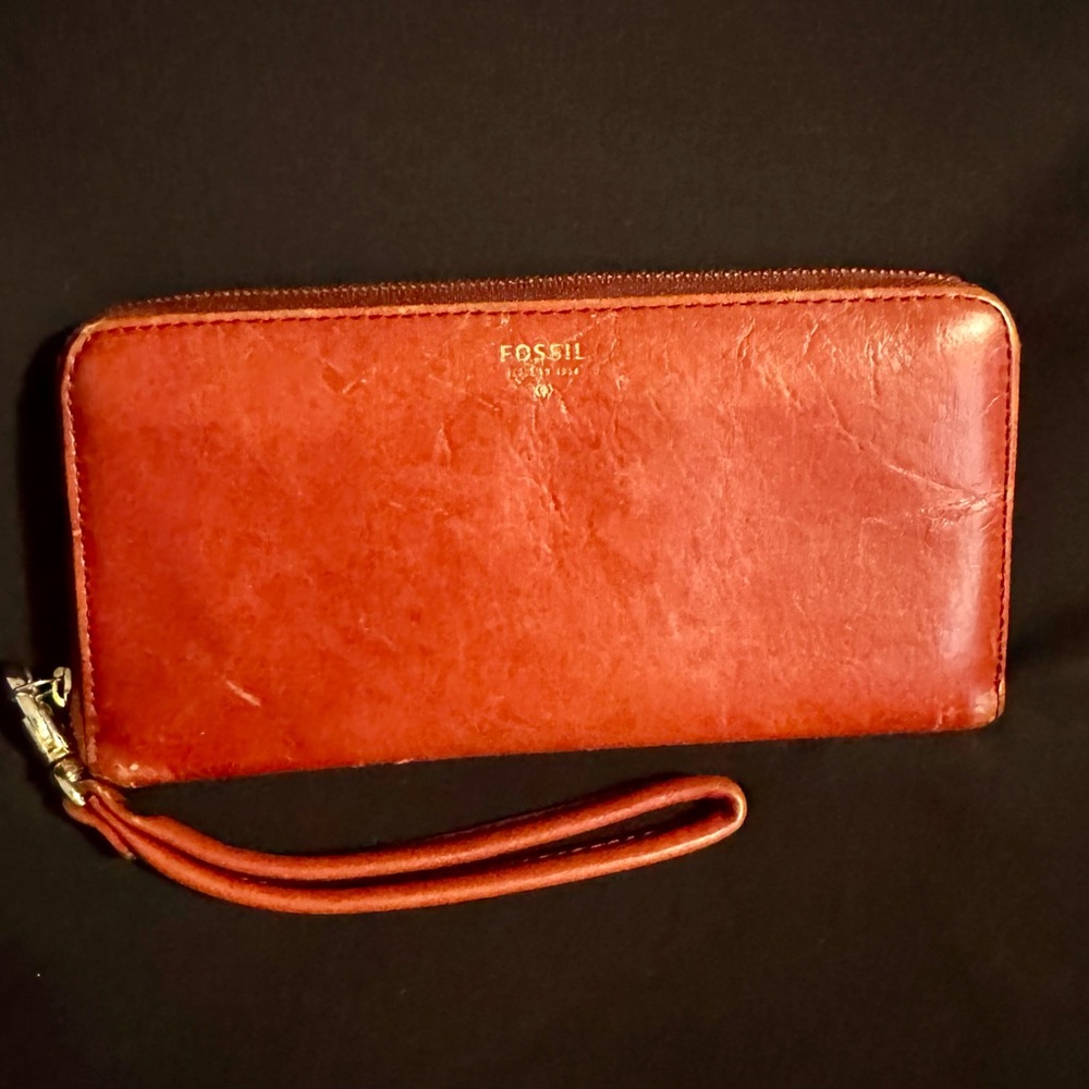 Fossil Burnt Orange Leather Wristlet